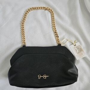 NWT Jesica Simpson Black Evening Bag Purse Chelsea Clutch Gold Accent MSRP $98
